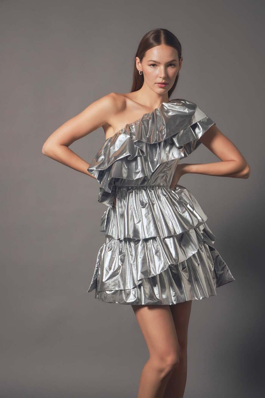 Endless Rose One-Shoulder Metallic Tiered Minidress